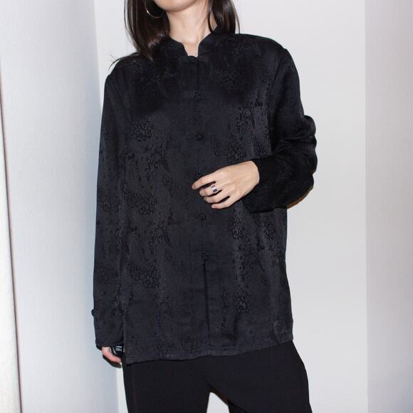 vintage 90s black silk asian mandarin collar frog closure tunic shirt blouse top - Picture 6 of 9